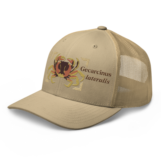 Blackback Land Crab "Gecarcinus lateralis" Embroidered Khaki Trucker Hat Left Front Mockup