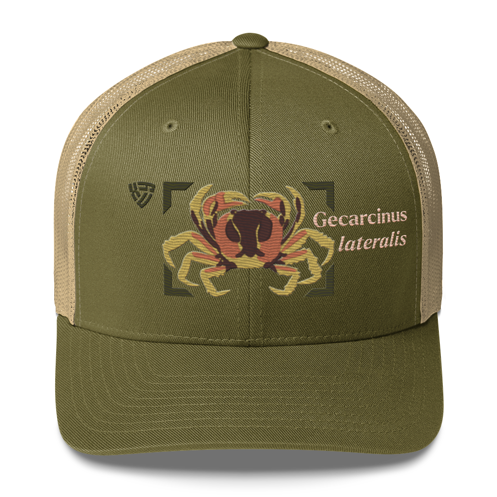 Blackback Land Crab "Gecarcinus lateralis" Embroidered Moss Green & Khaki Trucker Hat Front Mockup