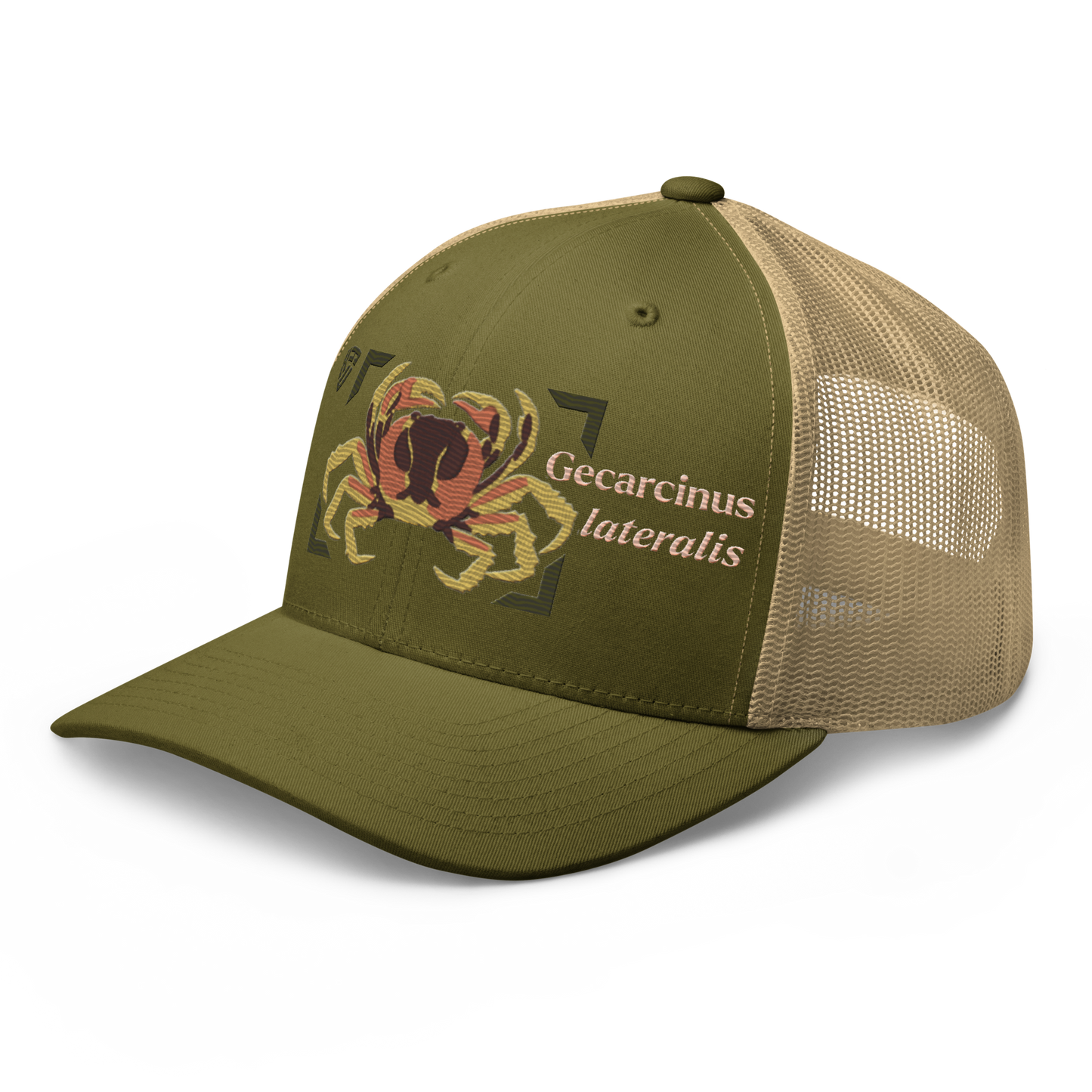 Blackback Land Crab "Gecarcinus lateralis" Embroidered Moss Green & Khaki Trucker Hat Left Front Mockup