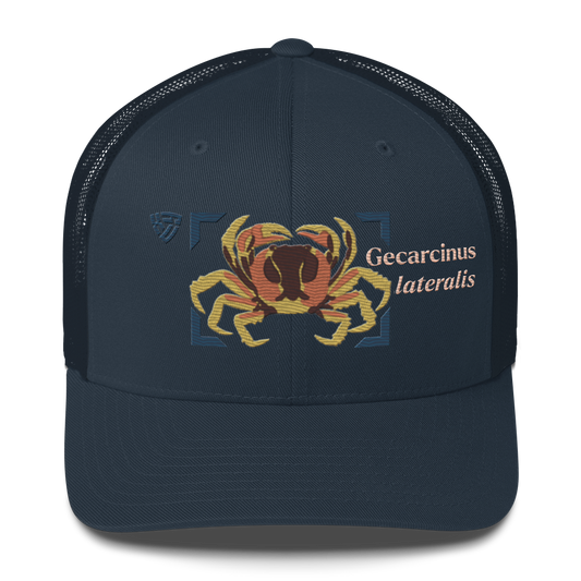 Blackback Land Crab "Gecarcinus lateralis" Embroidered Navy Blue Trucker Hat Front Mockup