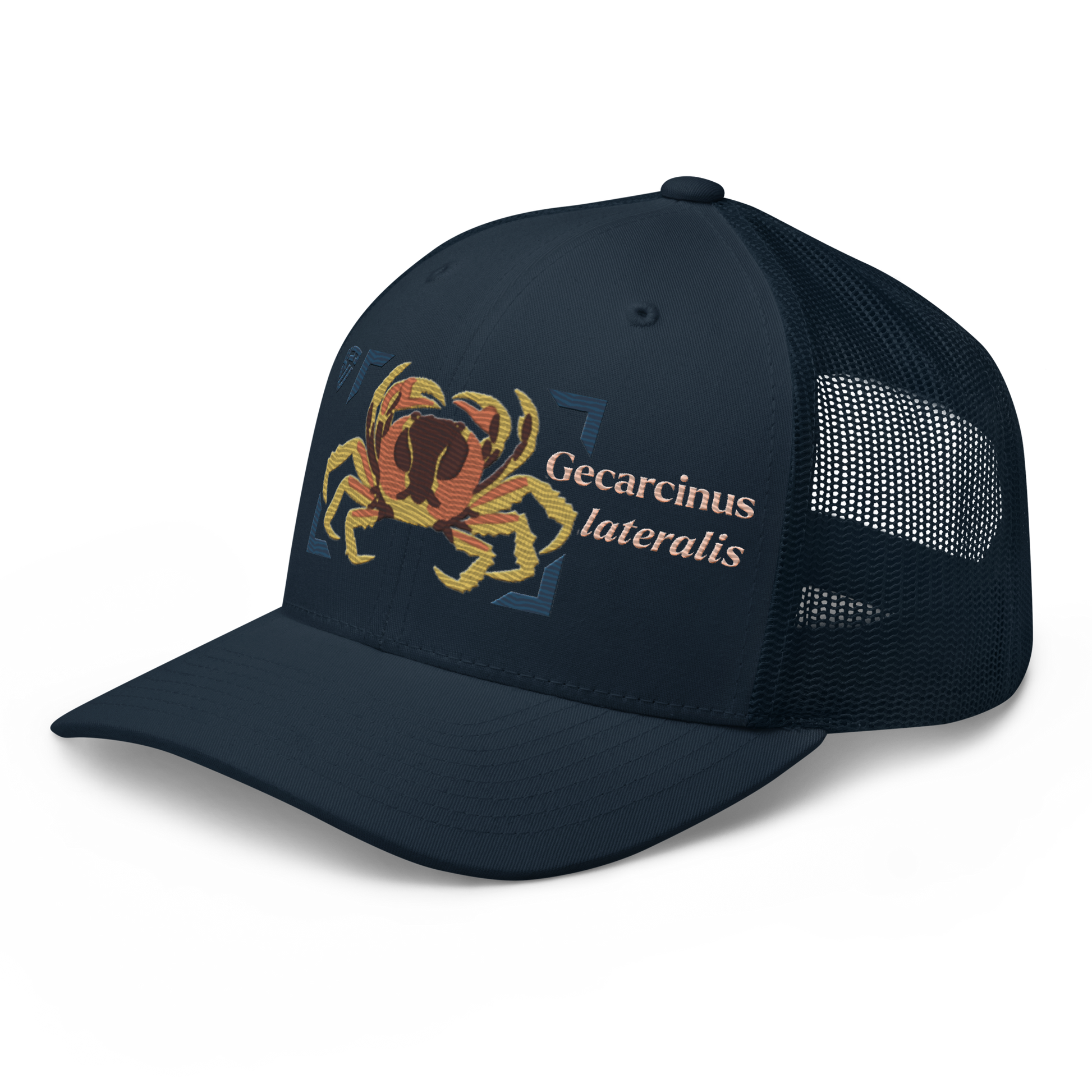 Blackback Land Crab "Gecarcinus lateralis" Embroidered Navy Blue Trucker Hat Left Front Mockup