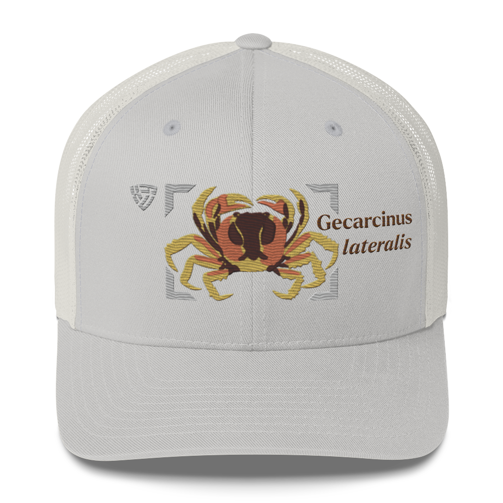 Blackback Land Crab "Gecarcinus lateralis" Embroidered Silver Trucker Hat Front Mockup