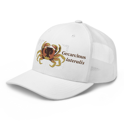 Blackback Land Crab "Gecarcinus lateralis" Embroidered White Trucker Hat Left Front Mockup