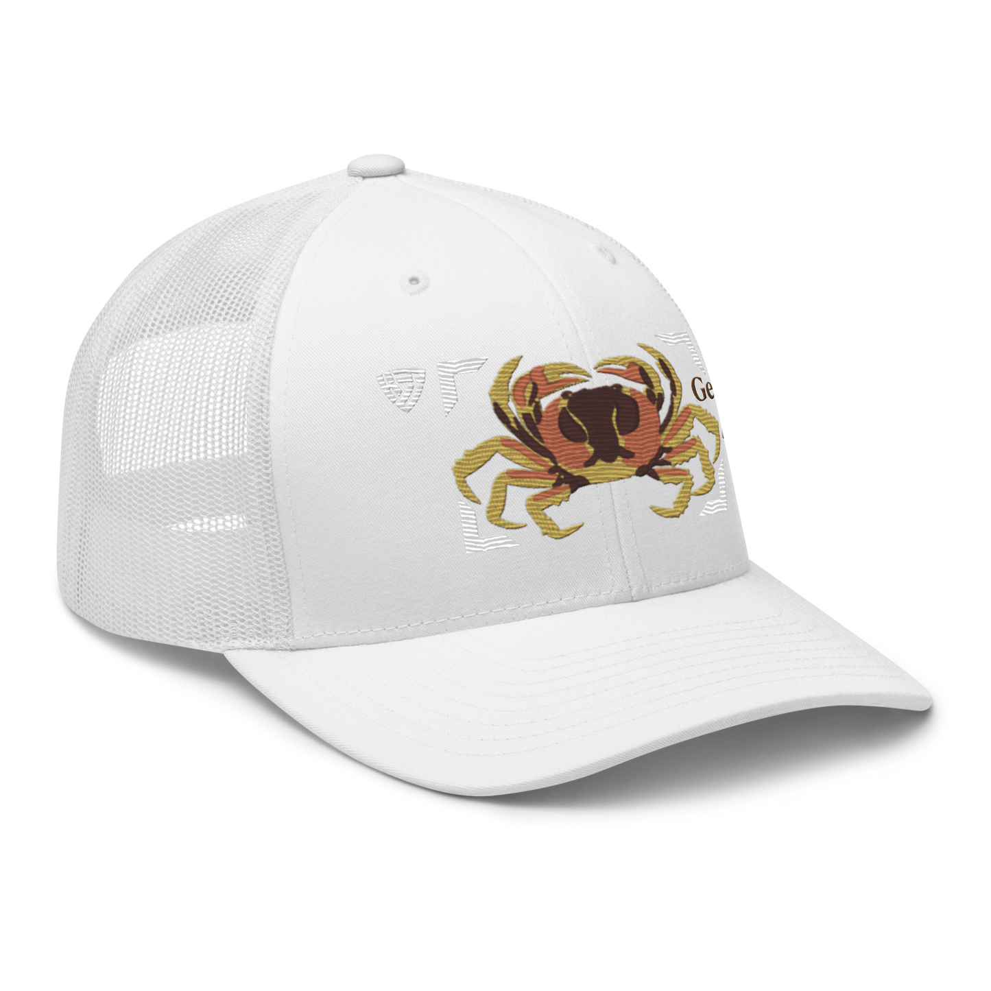 Blackback Land Crab "Gecarcinus lateralis" Embroidered White Trucker Hat Right Front Mockup