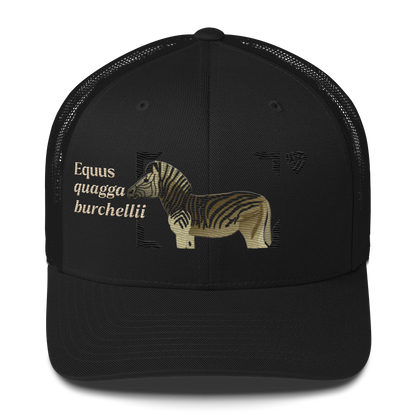 Bontequagga "Equua quagga burchellii" Embroidered Black Trucker Hat Front Mockup