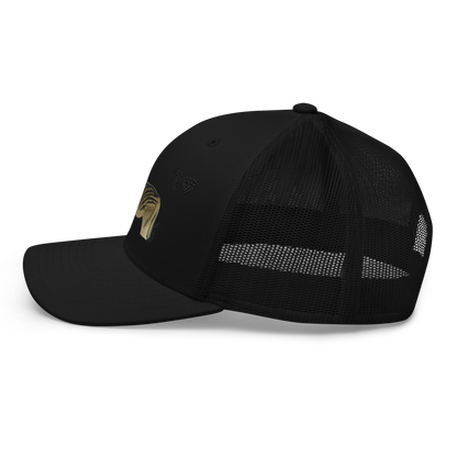 Bontequagga "Equua quagga burchellii" Embroidered Black Trucker Hat Left Mockup