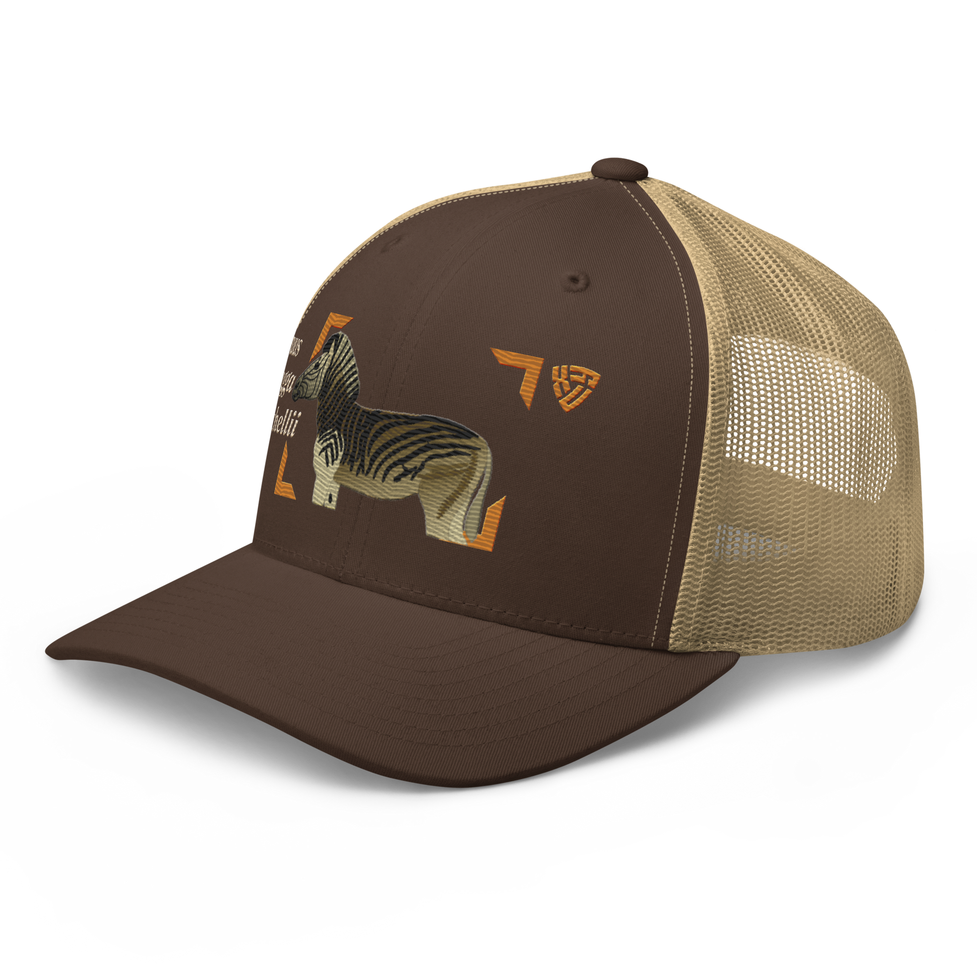 Bontequagga "Equua quagga burchellii" Embroidered Brown & Khaki Trucker Hat Left Front Mockup
