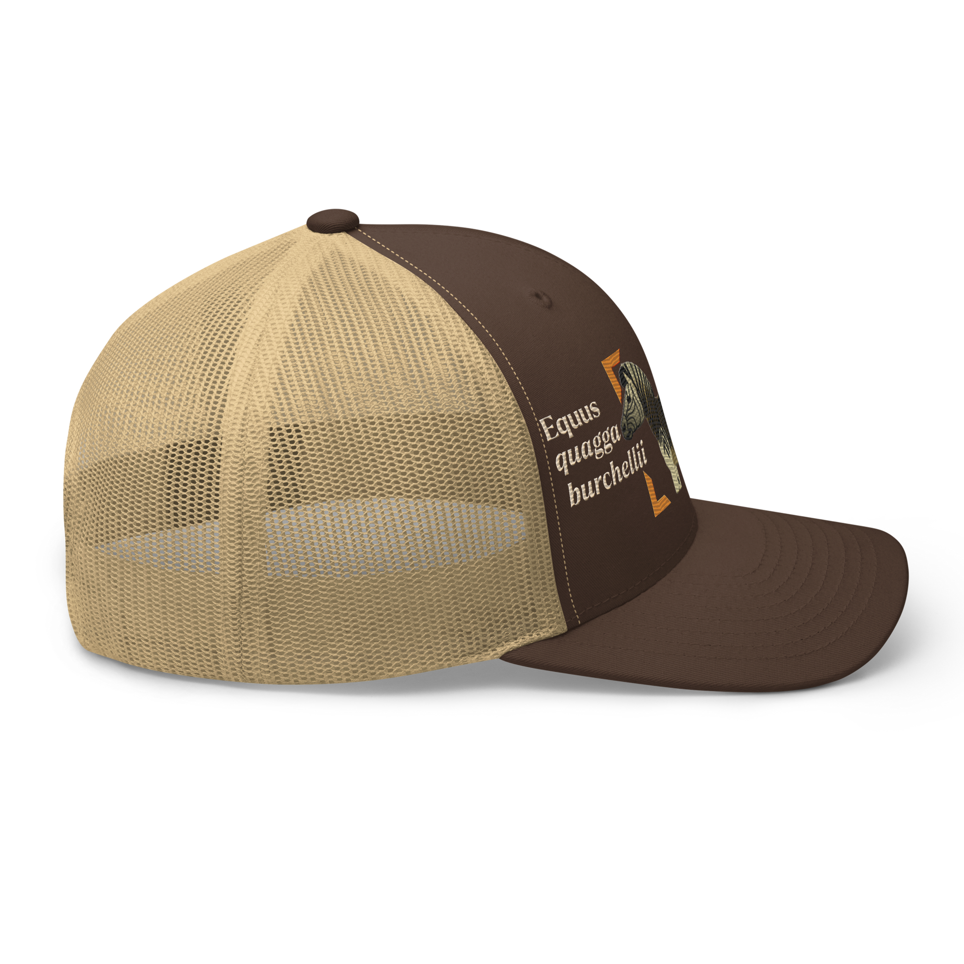Bontequagga "Equua quagga burchellii" Embroidered Brown & Khaki Trucker Hat Right Mockup