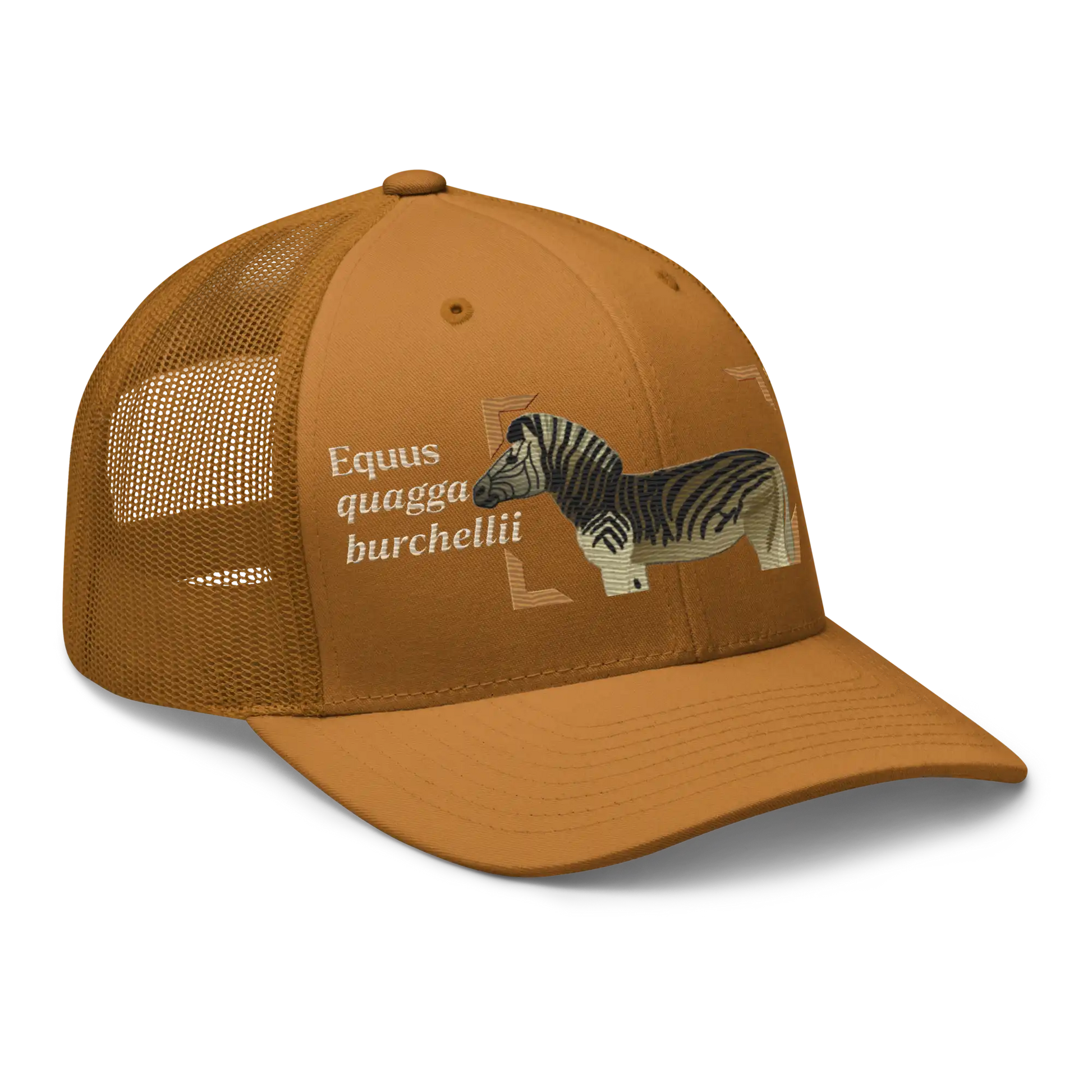 Bontequagga "Equua quagga burchellii" Embroidered Caramel Trucker Hat Right Front Mockup