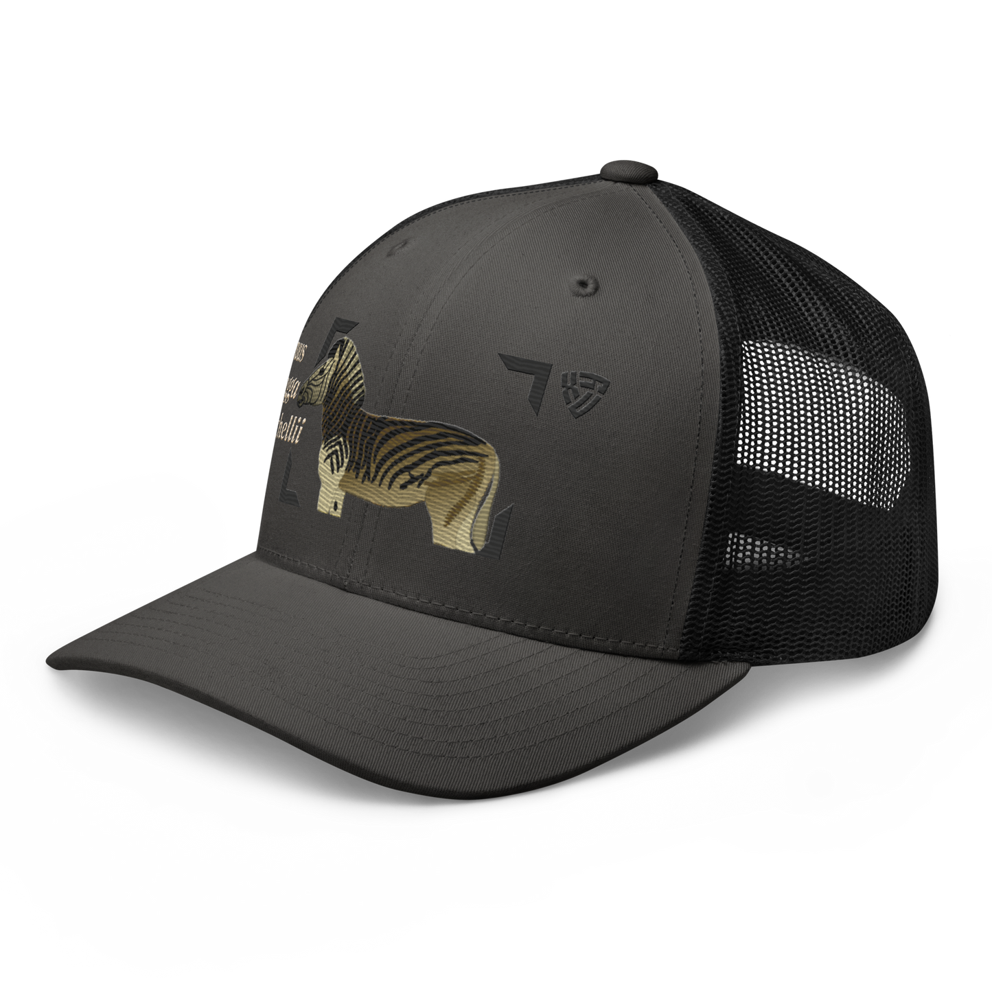 Bontequagga "Equua quagga burchellii" Embroidered Charcoal Grey & Black Trucker Hat Left Front Mockup