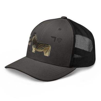 Bontequagga "Equua quagga burchellii" Embroidered Charcoal Grey & Black Trucker Hat Left Front Mockup