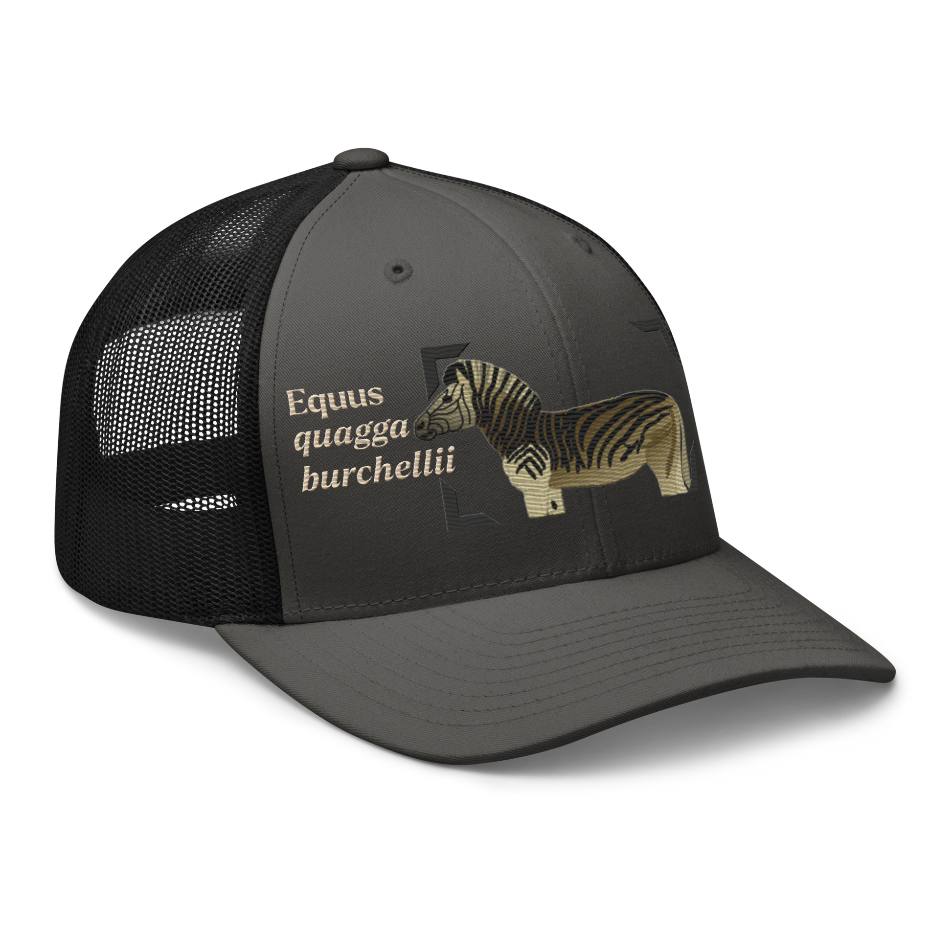 Bontequagga "Equua quagga burchellii" Embroidered Charcoal Grey & Black Trucker Hat Right Front Mockup