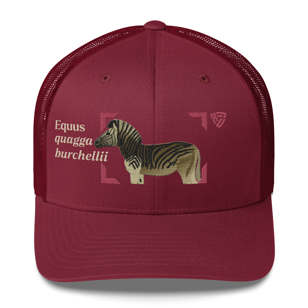 Bontequagga "Equua quagga burchellii" Embroidered Cranberry Red Trucker Hat Front Mockup