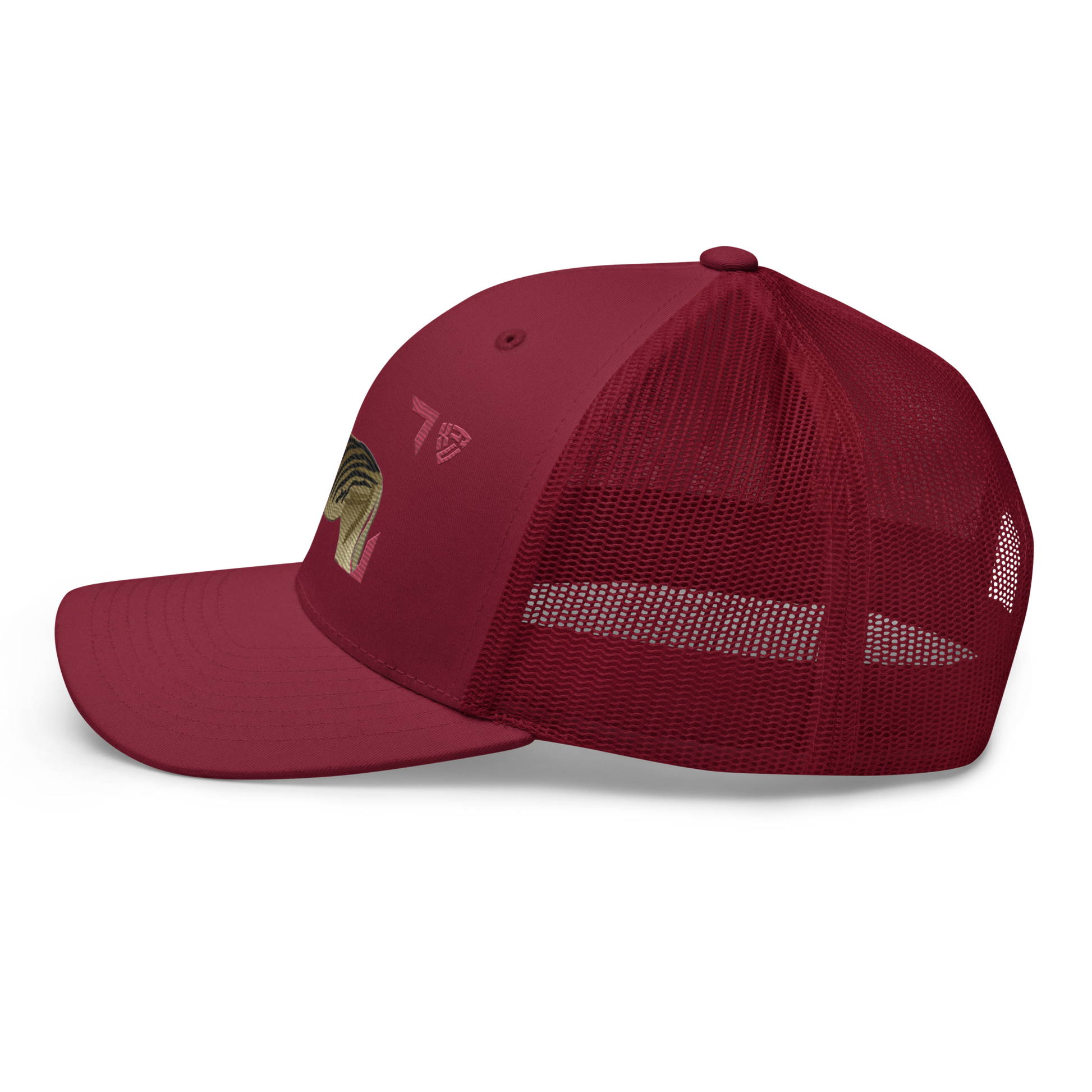 Bontequagga "Equua quagga burchellii" Embroidered Cranberry Red Trucker Hat Left Mockup