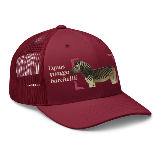 Bontequagga "Equua quagga burchellii" Embroidered Cranberry Red Trucker Hat Right Front Mockup