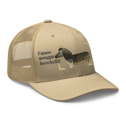 Bontequagga "Equua quagga burchellii" Embroidered Khaki Trucker Hat Right Front Mockup