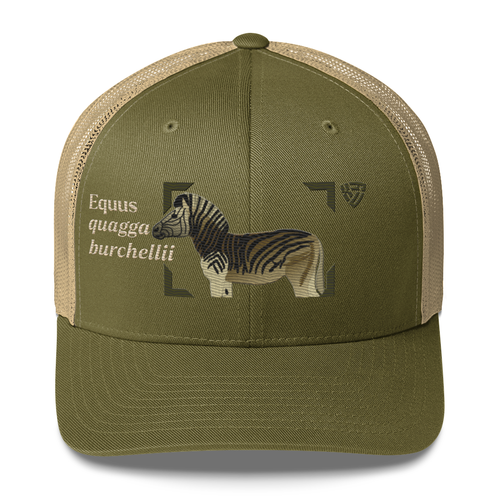 Bontequagga "Equua quagga burchellii" Embroidered Moss Green & Khaki Trucker Hat Front Mockup