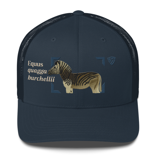 Bontequagga "Equua quagga burchellii" Embroidered Navy Blue Trucker Hat Front Mockup