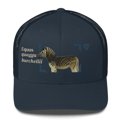 Bontequagga "Equua quagga burchellii" Embroidered Navy Blue Trucker Hat Front Mockup