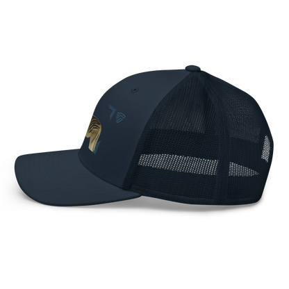 Bontequagga "Equua quagga burchellii" Embroidered Navy Blue Trucker Hat Left Mockup