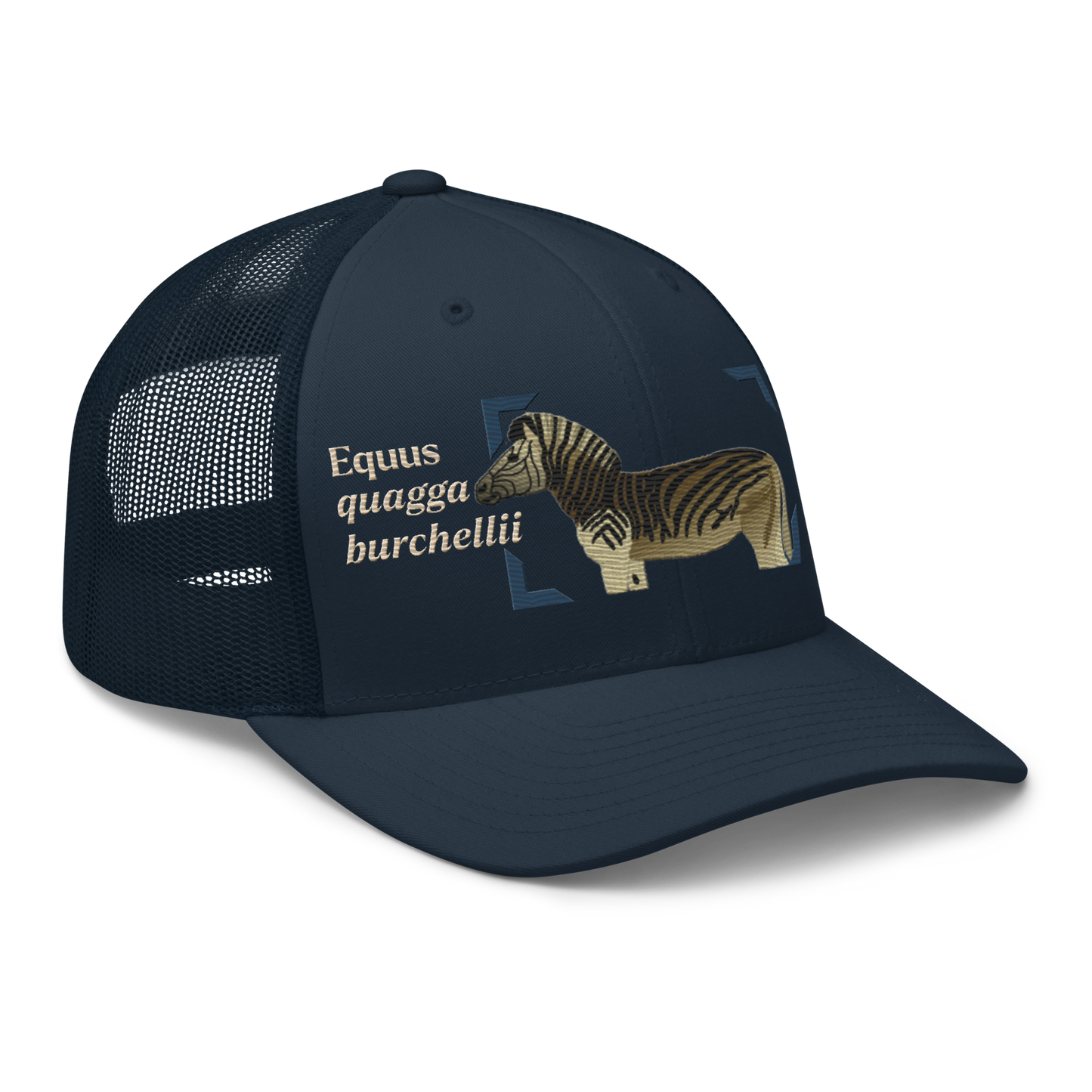 Bontequagga "Equua quagga burchellii" Embroidered Navy Blue Trucker Hat Right Front Mockup