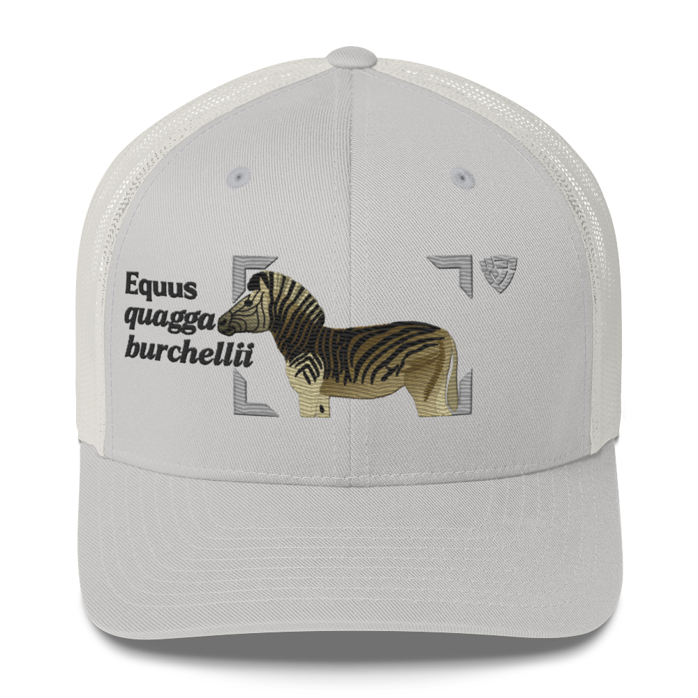 Bontequagga "Equua quagga burchellii" Embroidered Silver Trucker Hat Front Mockup