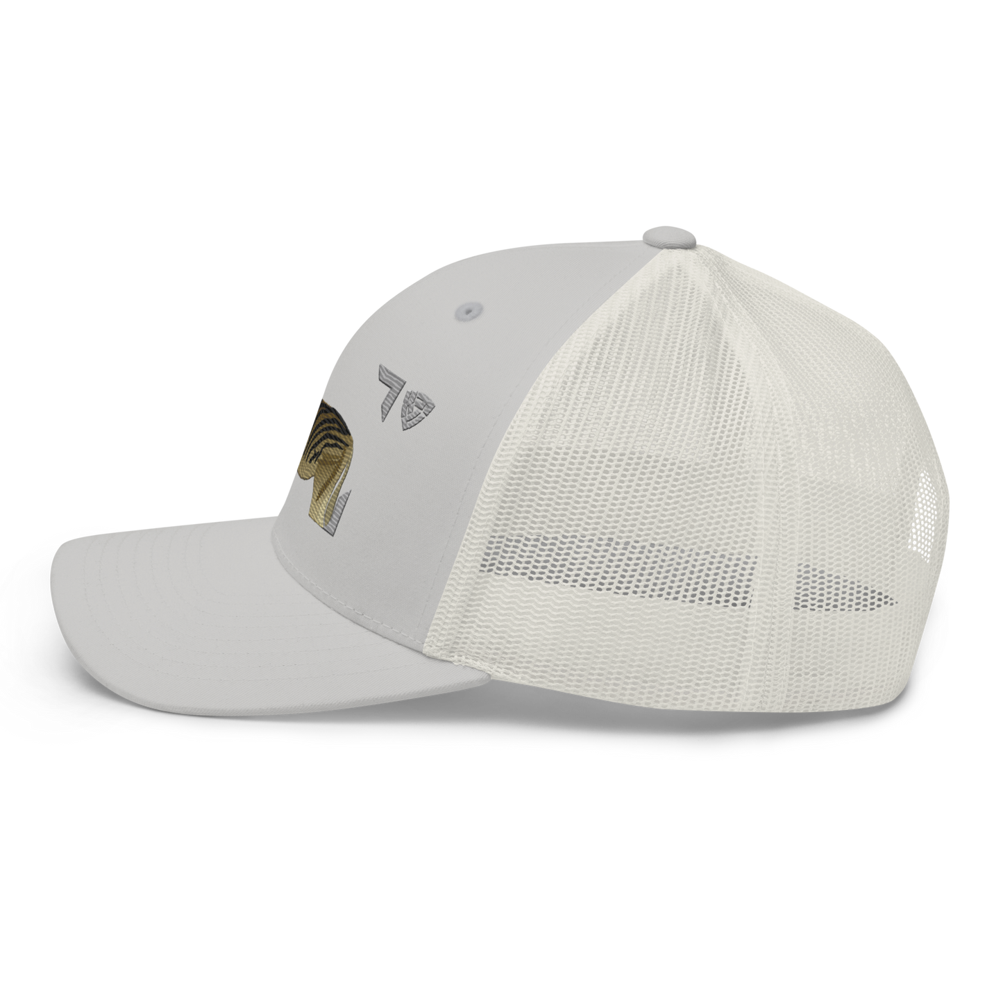 Bontequagga "Equua quagga burchellii" Embroidered Silver Trucker Hat Left Mockup