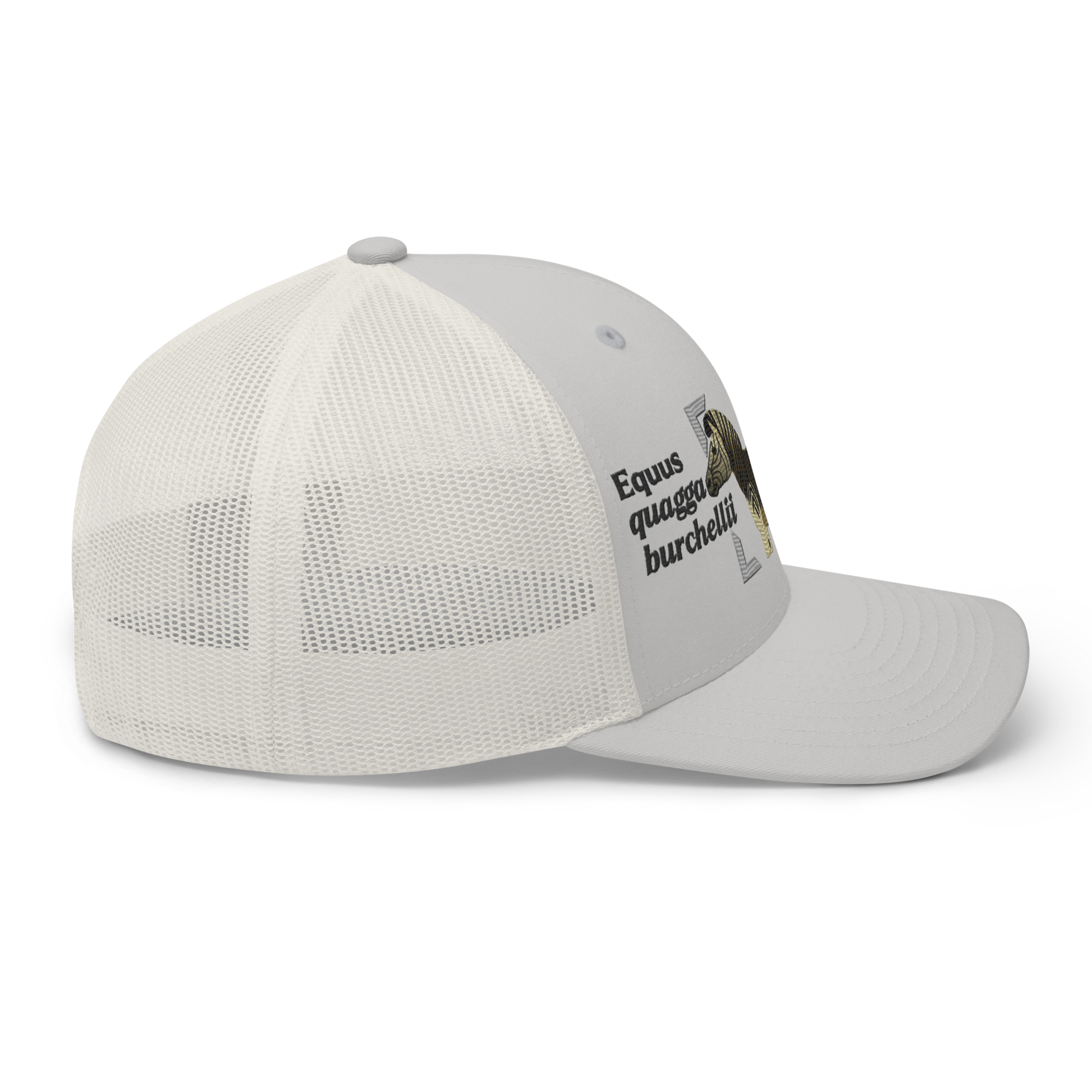 Bontequagga "Equua quagga burchellii" Embroidered Silver Trucker Hat Right Mockup