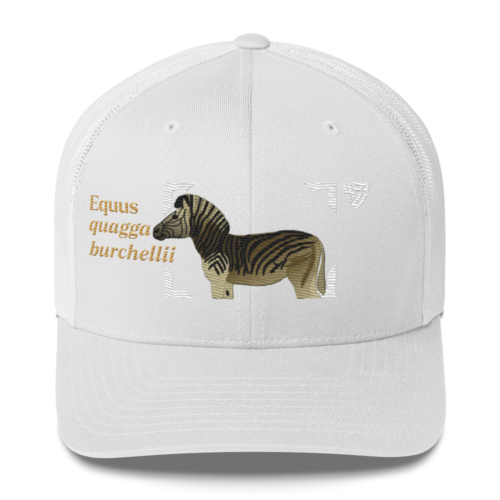 Bontequagga "Equua quagga burchellii" Embroidered White Trucker Hat Front Mockup