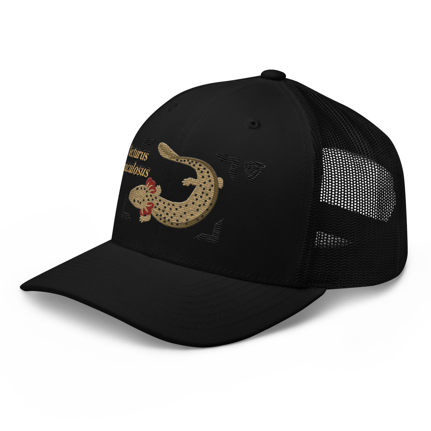 Common Mudpuppy "Necturus maculosus" Embroidered Black Trucker Hat Left Front Mockup
