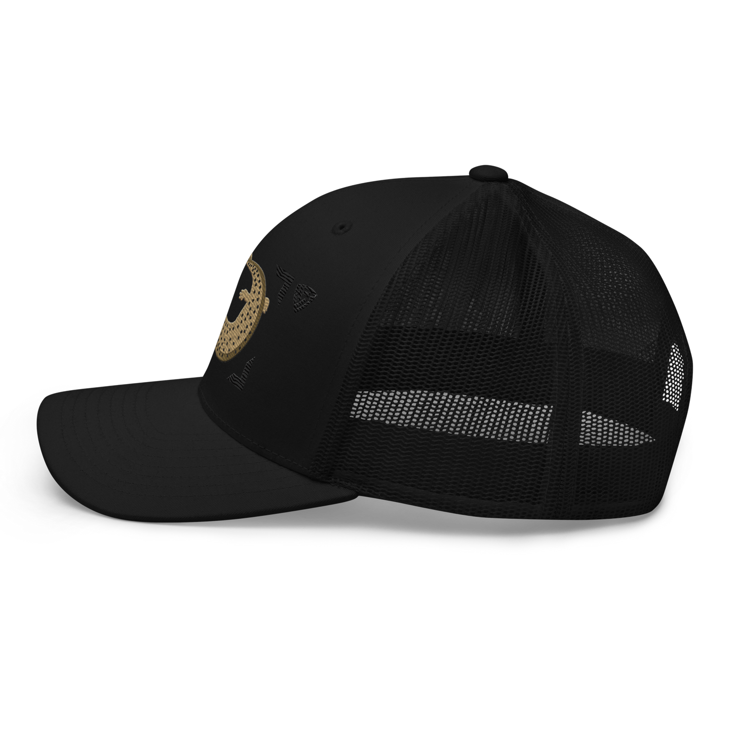Common Mudpuppy "Necturus maculosus" Embroidered Black Trucker Hat Left Mockup