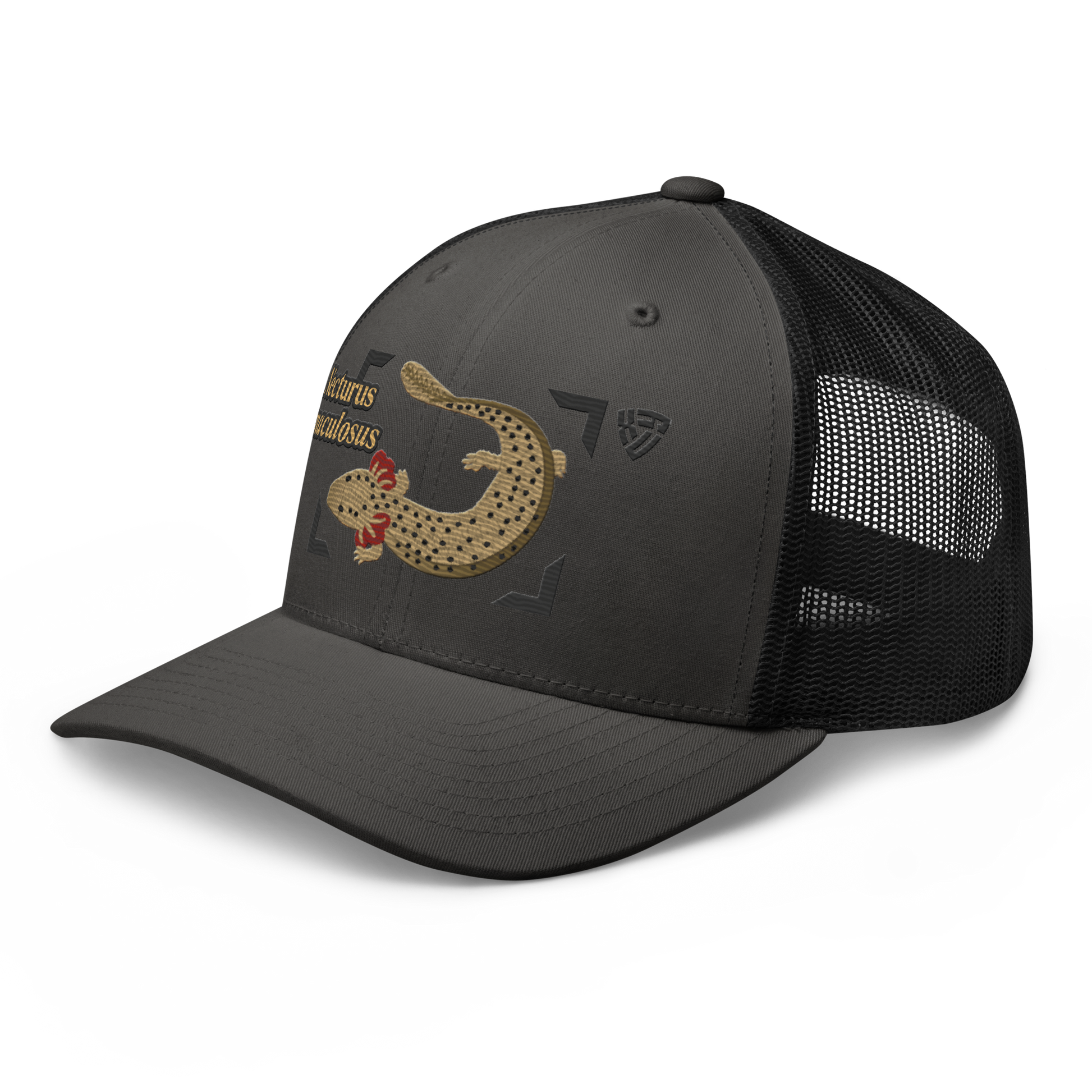 Common Mudpuppy "Necturus maculosus" Embroidered Charcoal Grey & Black Trucker Hat Left Front Mockup