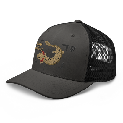 Common Mudpuppy "Necturus maculosus" Embroidered Charcoal Grey & Black Trucker Hat Left Front Mockup