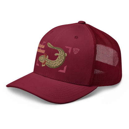 Common Mudpuppy "Necturus maculosus" Embroidered Cranberry Red Trucker Hat Left Front Mockup