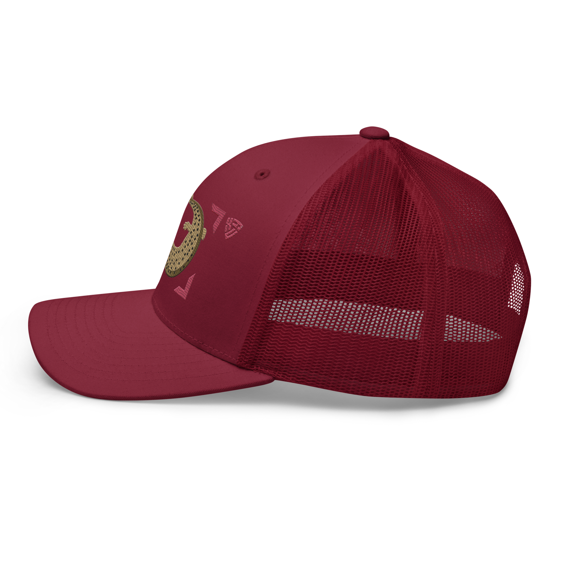 Common Mudpuppy "Necturus maculosus" Embroidered Cranberry Red Trucker Hat Left Mockup