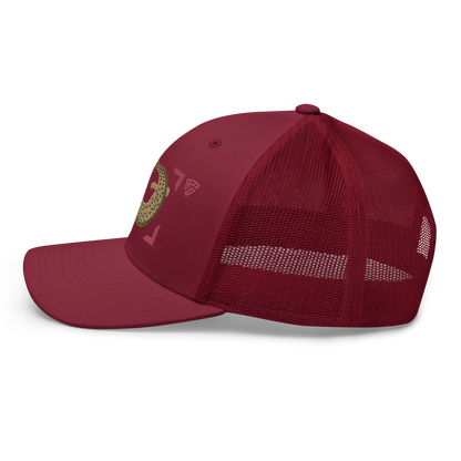Common Mudpuppy "Necturus maculosus" Embroidered Cranberry Red Trucker Hat Left Mockup