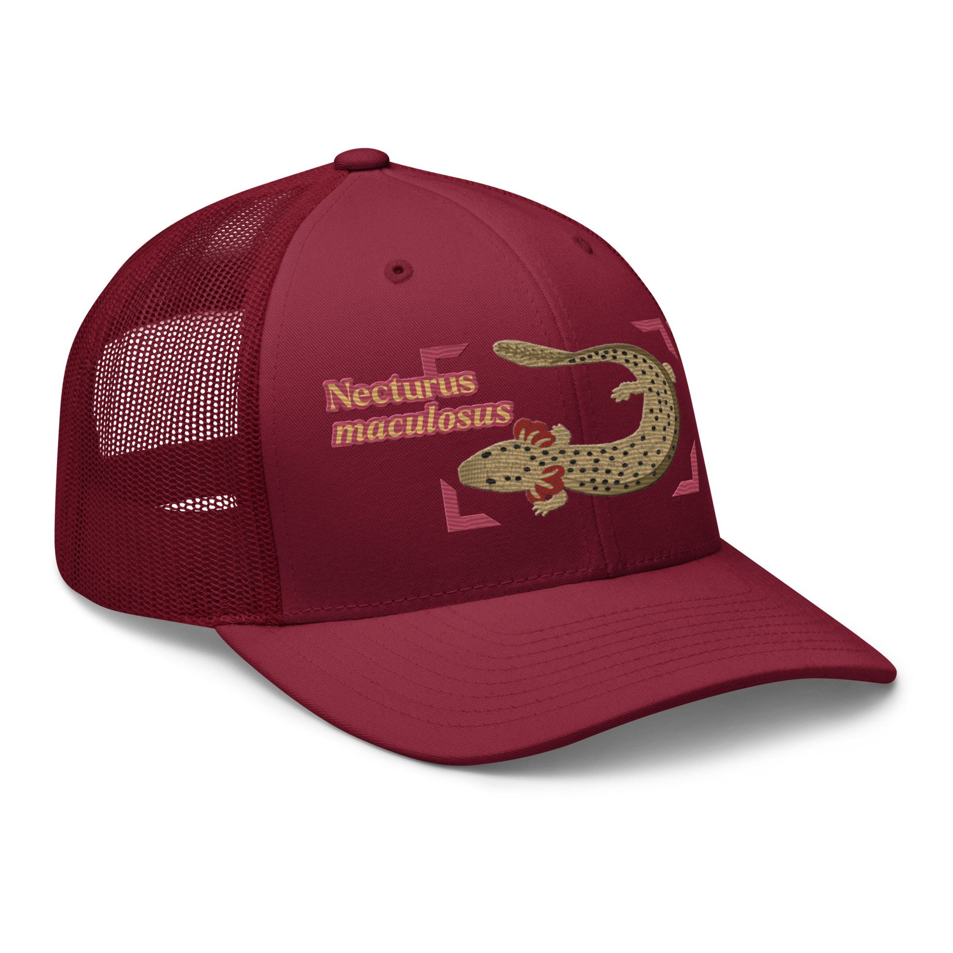 Common Mudpuppy "Necturus maculosus" Embroidered Cranberry Red Trucker Hat Right Front Mockup