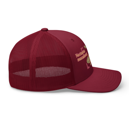 Common Mudpuppy "Necturus maculosus" Embroidered Cranberry Red Trucker Hat Right Mockup