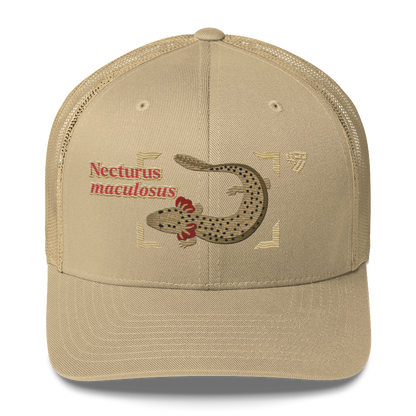 Common Mudpuppy "Necturus maculosus" Embroidered Khaki Trucker Hat Front Mockup
