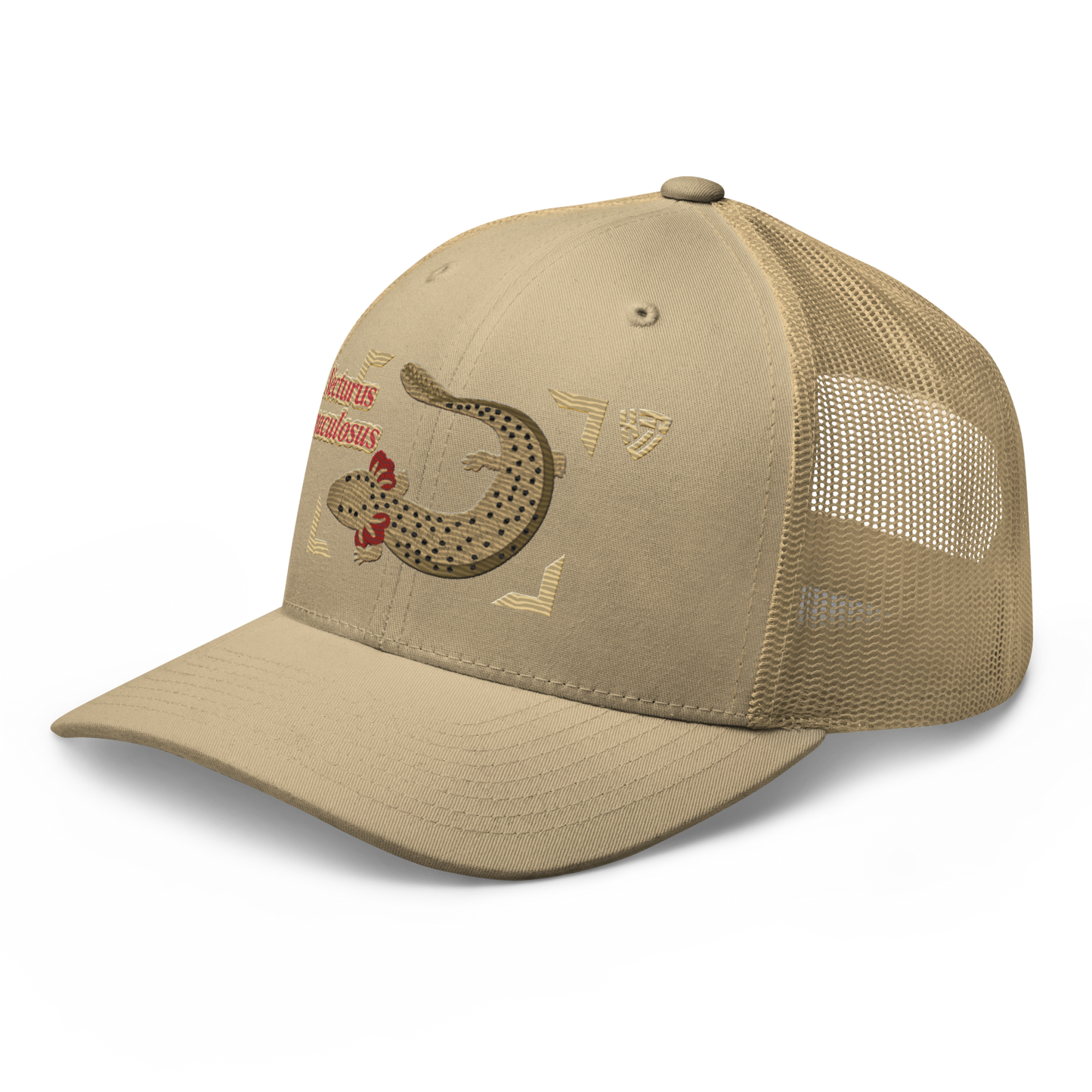 Common Mudpuppy "Necturus maculosus" Embroidered Khaki Trucker Hat Left Front Mockup