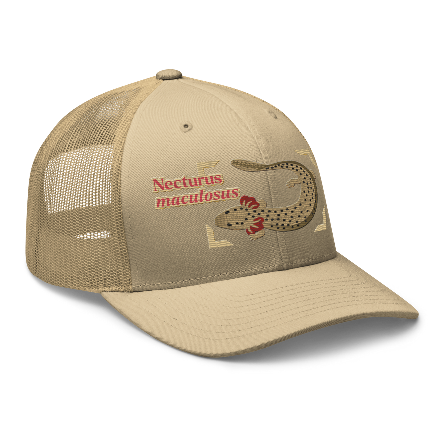 Common Mudpuppy "Necturus maculosus" Embroidered Khaki Trucker Hat Right Front Mockup