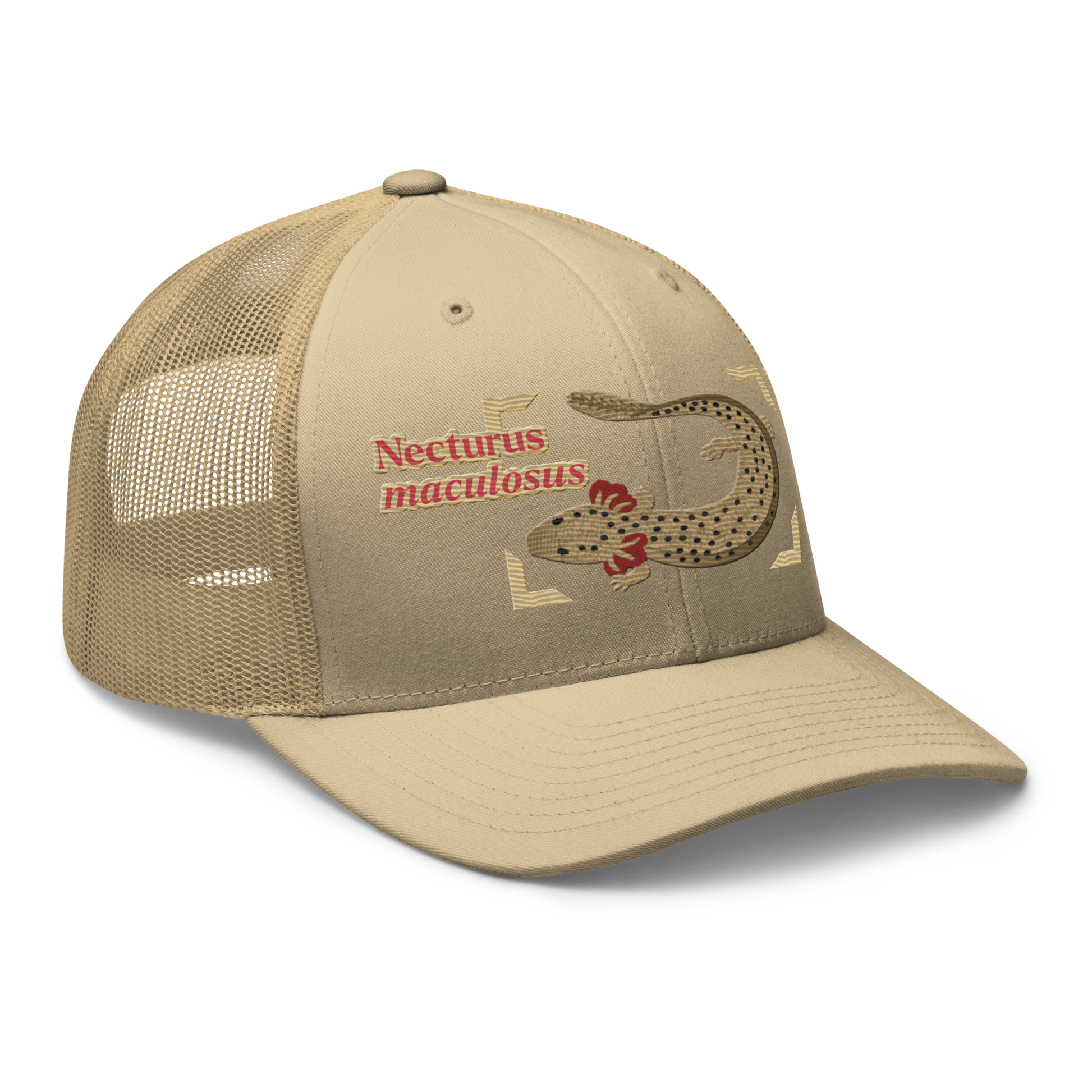 Common Mudpuppy "Necturus maculosus" Embroidered Khaki Trucker Hat Right Front Mockup