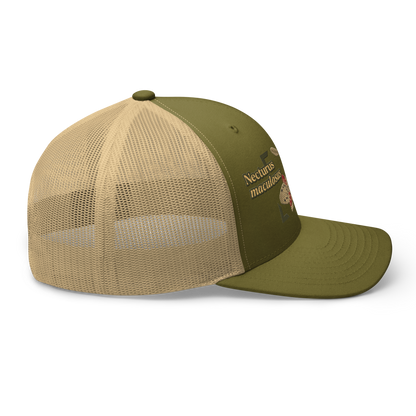 Common Mudpuppy "Necturus maculosus" Embroidered Moss Green & Khaki Trucker Hat Right Mockup