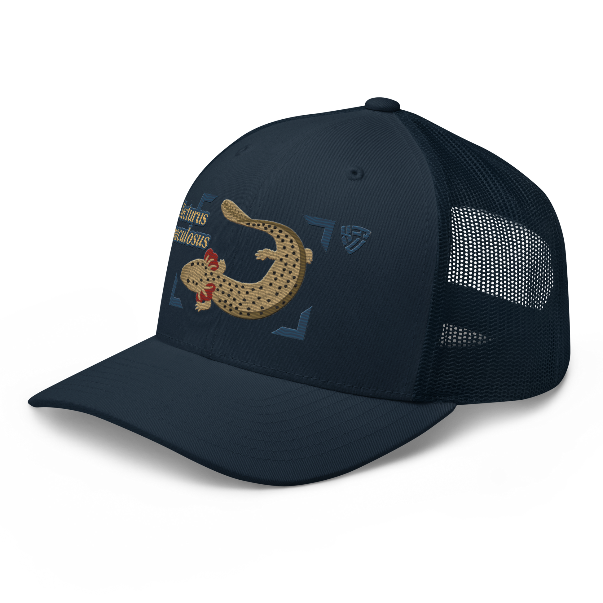 Common Mudpuppy "Necturus maculosus" Embroidered Navy Blue Trucker Hat Left Front Mockup