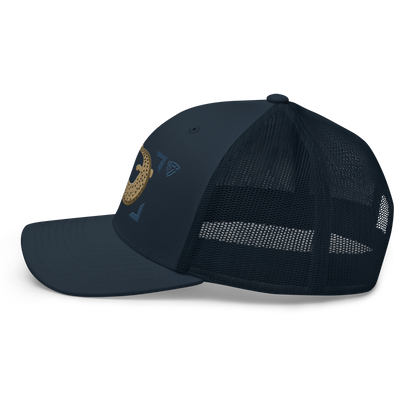 Common Mudpuppy "Necturus maculosus" Embroidered Navy Blue Trucker Hat Left Mockup