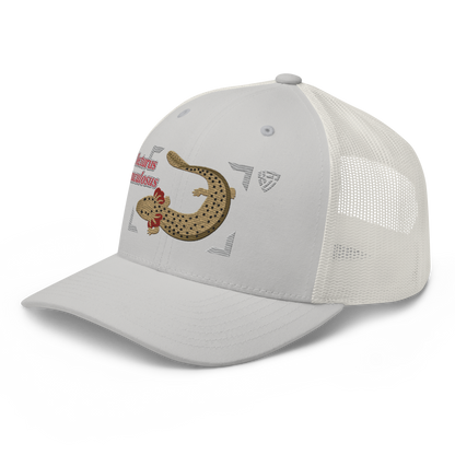 Common Mudpuppy "Necturus maculosus" Embroidered Silver Trucker Hat Left Front Mockup