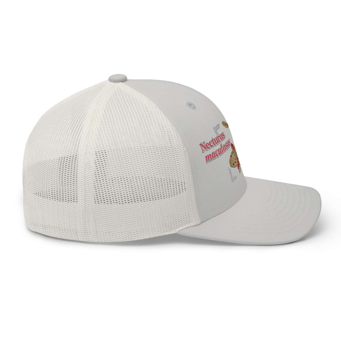 Common Mudpuppy "Necturus maculosus" Embroidered Silver Trucker Hat Right Mockup