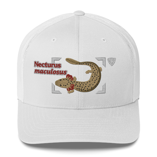 Common Mudpuppy "Necturus maculosus" Embroidered White Trucker Hat Front Mockup