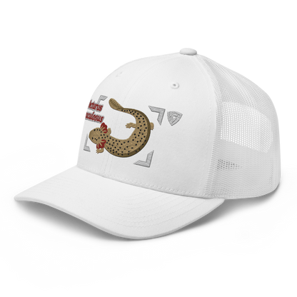 Common Mudpuppy "Necturus maculosus" Embroidered White Trucker Hat Left Front Mockup