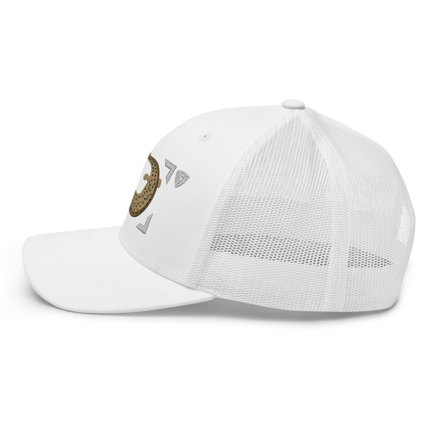 Common Mudpuppy "Necturus maculosus" Embroidered White Trucker Hat Left Mockup